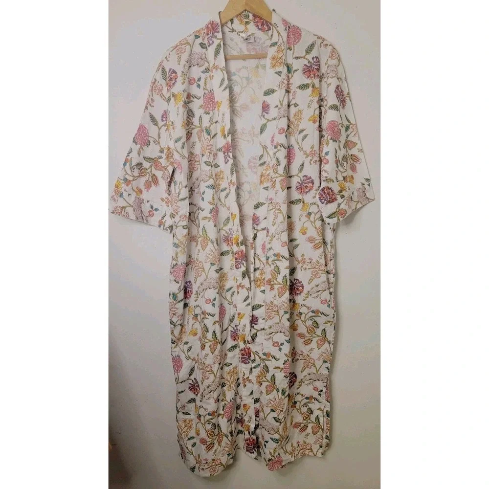 Women's 100% Cotton Robe Tropical Floral White Pink‎ *Missing Belt
